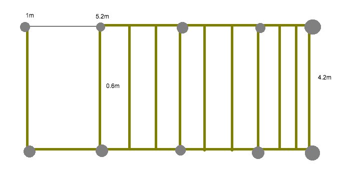 Schematisk bild av grundplintar och reglar för byggprojekt av ett skjul, med måttangivelser.