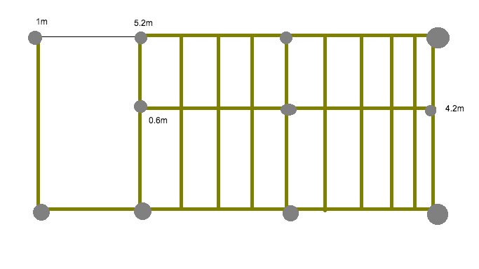 Schematisk illustration av översikt för plintar och reglar till skjul, dimensioner 4.2m x 6.2m.