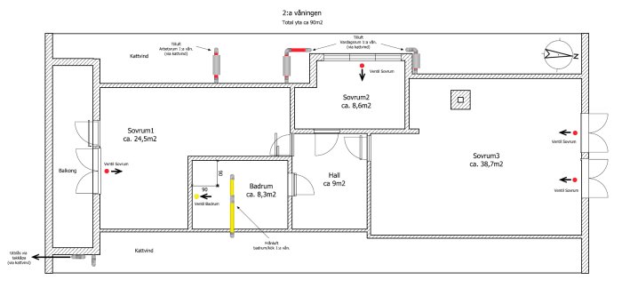 Ritning av andravåningen med markerade platser för tilluftventiler och badrumsventilation.