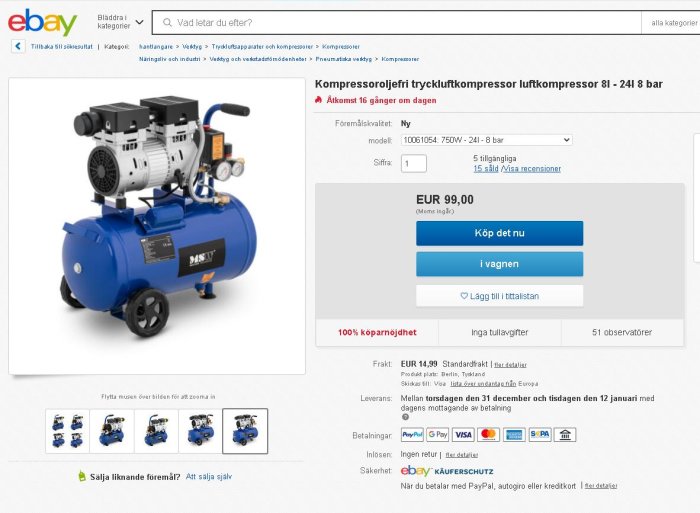 Blå kompressoroljefri tryckluftskompressor på Ebay-sida med specifikationer och pris på EUR 99,00.