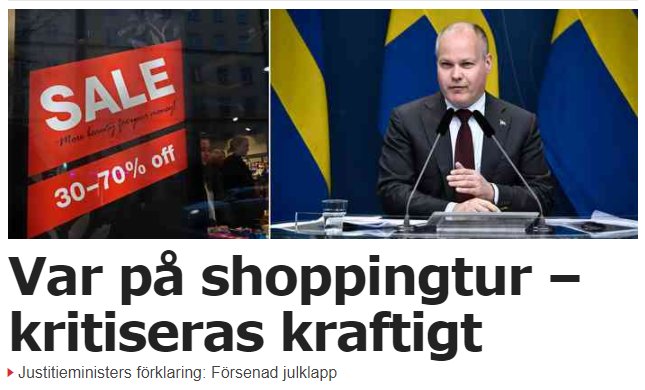 Justitieminister vid talarpult med svensk flagga, SALE-skylt i bakgrunden, rubrik om shoppingtur kritik.