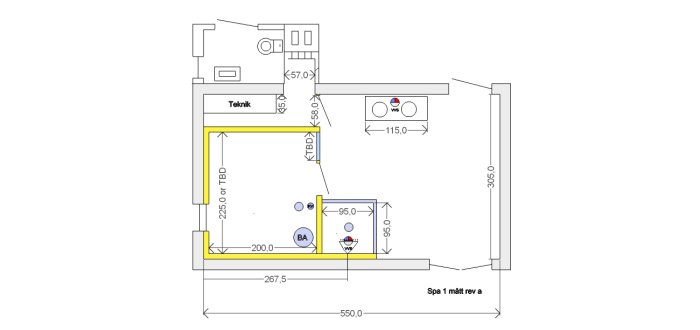 Ritning över renovering av gammalt garage till badrum med markerad bastu och teknikrum.
