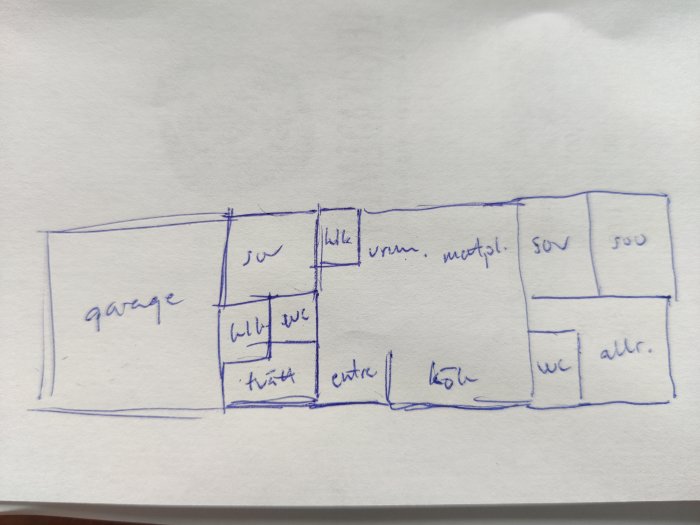 Handritad skiss av en husplanlösning med markerade utrymmen som garage, vardagsrum, master sovrum och badrum.