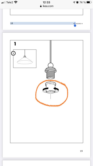 Illustration av en IKEA-lampas delar med en cirkel markerad runt den saknade skärmringen.