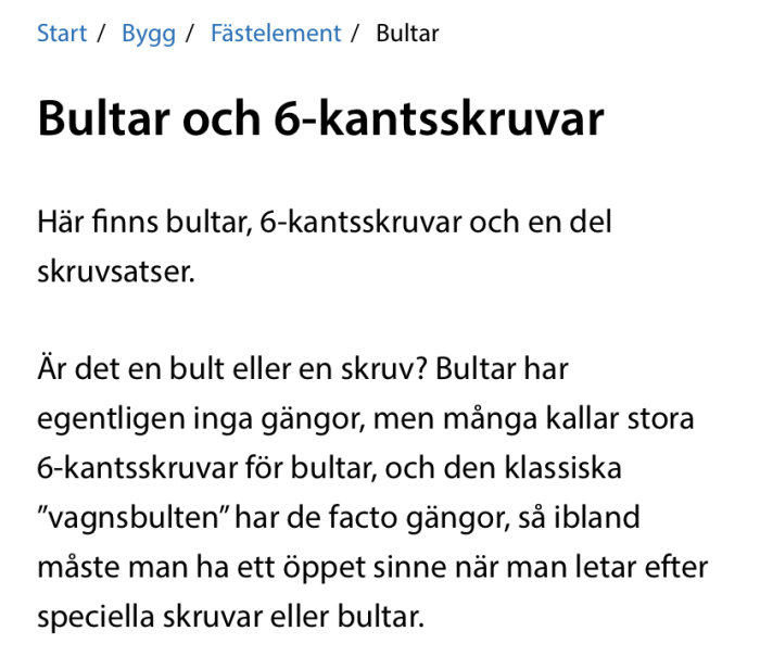 Skärmbild av forumtråd om distinktionen mellan bultar och sexkantsskruvar med textdiskussion.