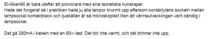 Skärmdump av ett inlägg på forumet där användaren diskuterar elektriska kunskaper med fokus på kontaktproblem i lampsocklar.