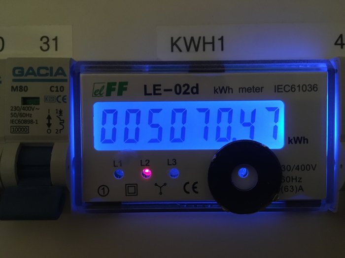 Inomhus kWh-mätare med digital display som visar 00507048 och etiketten KWH1 ovanför.