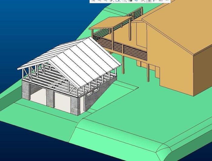 3D-skiss av ett planerat garage bredvid ett hus, visande olika höjder beroende på mätmetod.