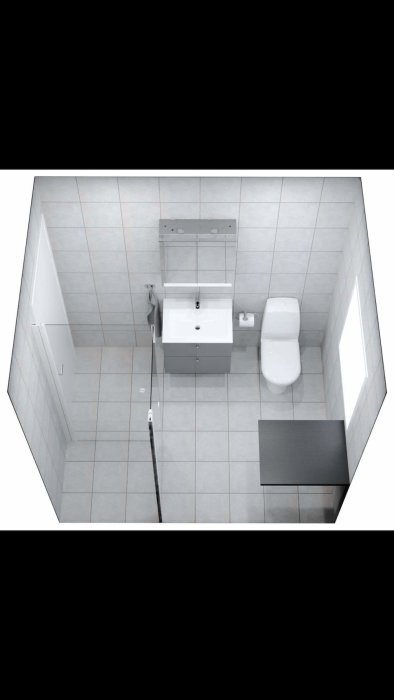 3D-rendering av ett tomt badrum med kaklade väggar och golv samt installerad sanitetsporslin.