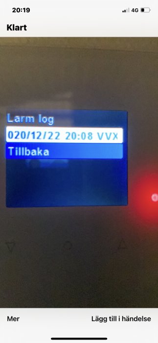 Display av Fresh 110-se aggregat som visar larmloggen med larmkoden VVX.