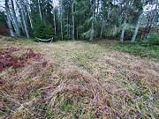 Tomt med nyligen grävt och jämnat gräsmark redo för byggprojekt, omgivet av skog.