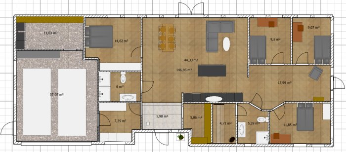 Ritning av enplanshus med fyra sovrum, vardagsrum, kök, dubbelgarage och bastu, anpassat för kalla klimat.