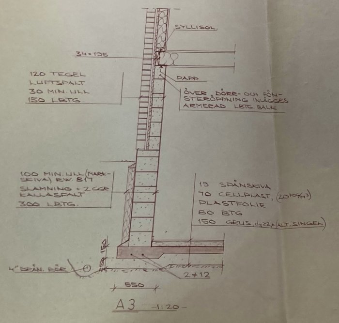 Handritad sektionsritning av en väggkonstruktion med olika lager angegna, inklusive tegel, luftspalt och isolering.
