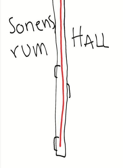 Schematisk bild av elledningar med uttag, markerade vägar till rum och hall.