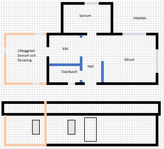 Planritning av en bostad med markerade rum: sovrum, kök, toa/dusch, hall, allrum och en uteplats.