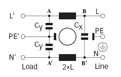 Elektriskt schema som visar en spänningsdelare med Y-kondensatorer i ett EMC-filter.