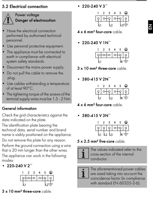 Diagram över elektriska anslutningar för en spis, inkluderar instruktioner för olika kabeltyper och säkerhetsinformation.