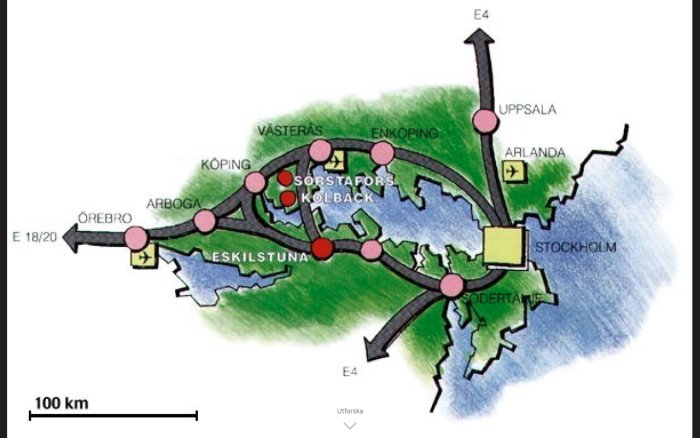 Karta som visar kommunikationslägen nära en sjötomt, med vägar och städer som Västerås, Stockholm och Eskilstuna.