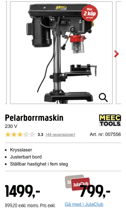 Pelarborrmaskin från Meec Tools på reklam med halverat pris för Jula-klubbmedlemmar.