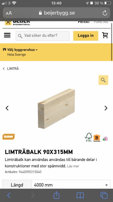 Limträbalk 90x315mm på en produktsida, visar balkens dimension och utseende.