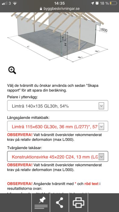 3D-illustration av en takskelettkonstruktion med mått och materialinformation från en byggplaneringssida.