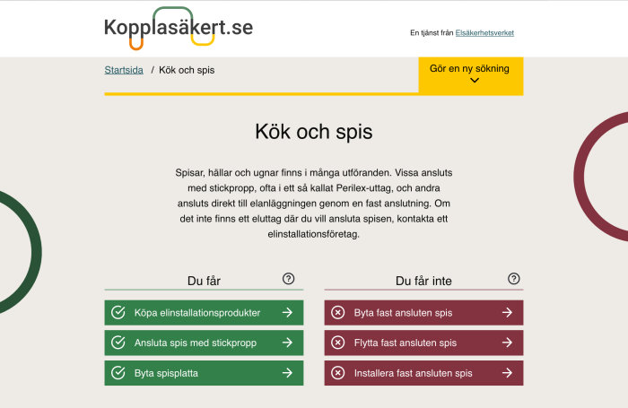 Skärmdump av Elsäkerhetsverkets webbsida Kopplasäkert.se med regler för köksinstallationer.