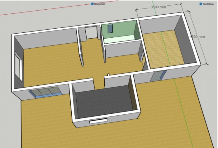 3D-Sketchup ritning av en husutbyggnad med dimensioner och grundmöblering.