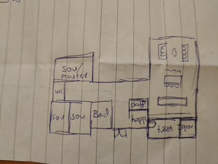 Handritad skiss av ett hus med rumsetiketter såsom "sov", "bad", och "kök".