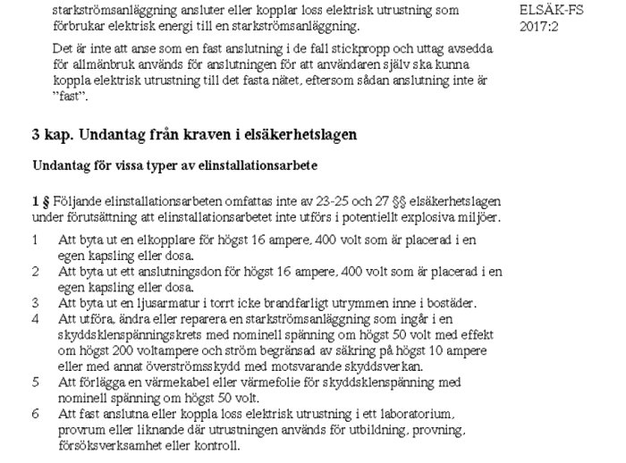 Dokument utdrag om undantag från kraven i elsäkerhetslagen, med punktlista och referensnummer ELSÄK-FS 2017:2.