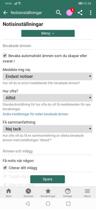 Skärmdump av notisinställningar i ett forum med alternativ för ämneshantering och notifieringar.