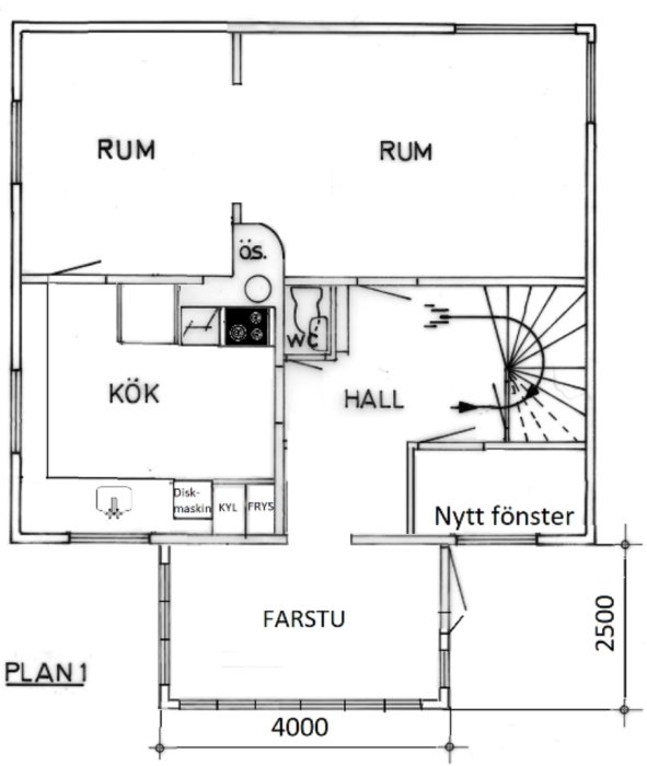 Ritning av planlösning med mått för farstu, hall och angränsande rum samt placering av ytterdörren.