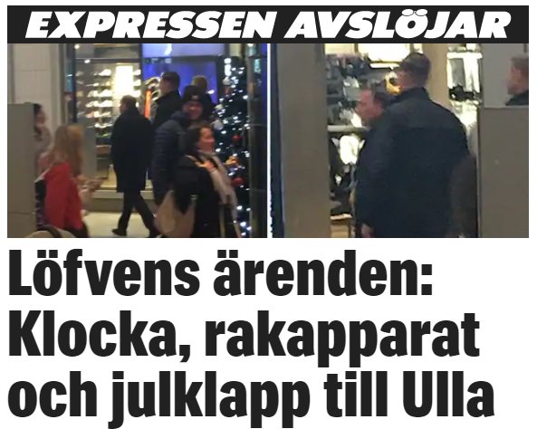 Person går förbi en butik, oskarp bild med rubrik och underrubrik som indikerar att personen är Löfven.