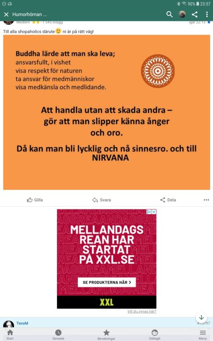 Skärmdump av forumtråd visar text om buddhistiska levnadssätt ovanpå en malplacerad rea-reklam.