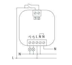 Schematisk ritning av en Plejd dosdimmer DIM-02 med dubbla utgångar och anslutningar märkta.