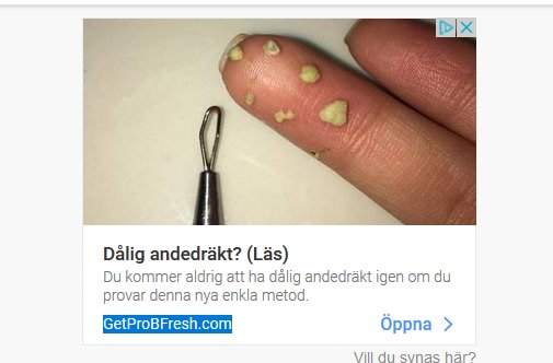 Närbild av en hand med vita fläckar på naglarna bredvid en metallögla, reklam för andedräktsprodukt.