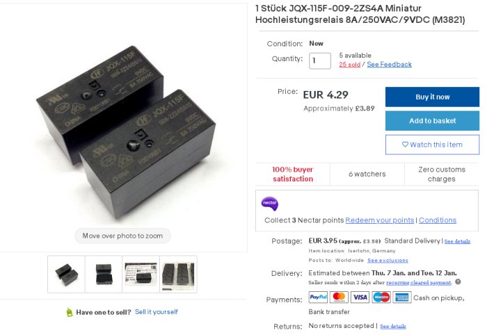 Tvärbild på reläer från JQX-115F till försäljning på eBay med priset och leveransinformation.