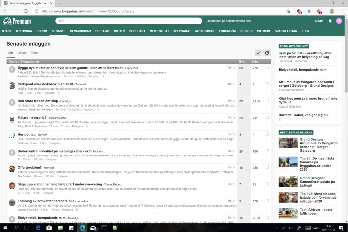 Skärmdump av ett diskussionsforum med flera ämnesrubriker och användarnas inlägg.