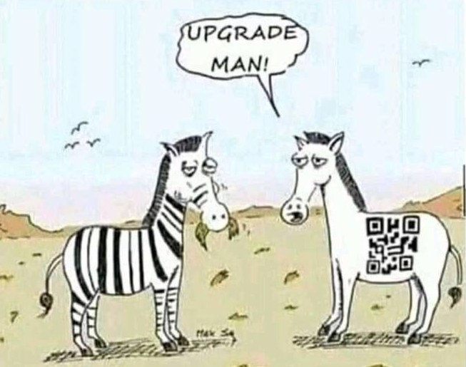 Tecknad bild av en zebra med QR-kodmönster som säger "UPGRADE MAN!" till en vanlig zebra.