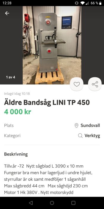 Äldre grå bandsåg LINI TP 450 står i en verkstad, med teknisk beskrivning och pris på skärmen.