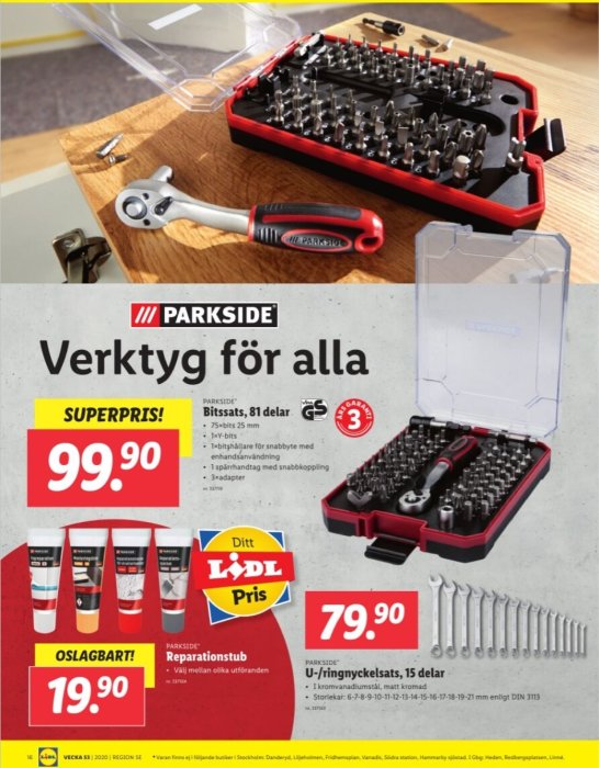 Reklamblad för byggvaror med bitssats, skiftnyckel och magnetlist, samt priser för verktyg och 3M tape.