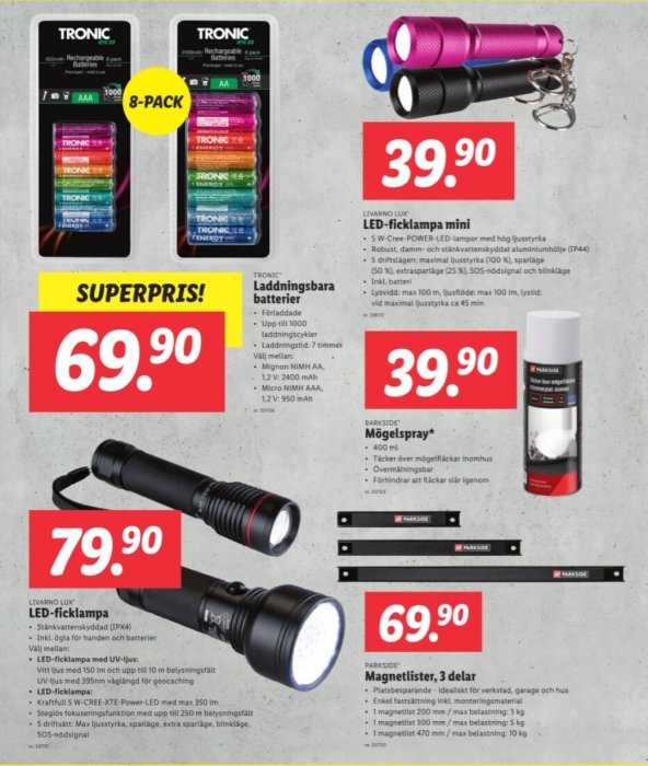 Reklamblad för byggprodukter med olika erbjudanden på LED ficklampor, magnetlister och batterier.