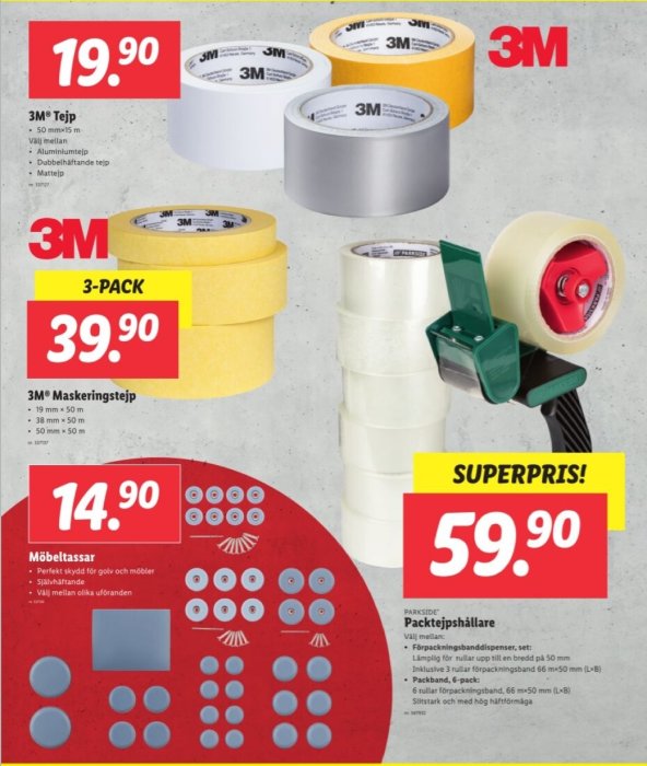 Reklambild som visar olika 3M-produkter som tejp, maskeringstejp och möbeltassar, samt en PARKSIDE packtejphållare.