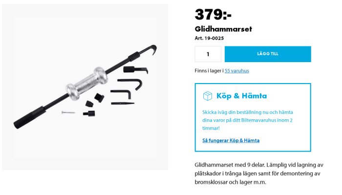 Glidhammarsats med olika delar för borttagning av fastsittande komponenter.