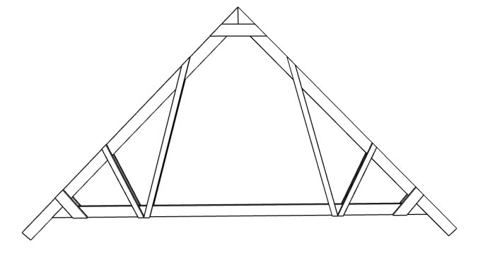 Line ritning av en takstol struktur som visar takbjälkar och stödben.