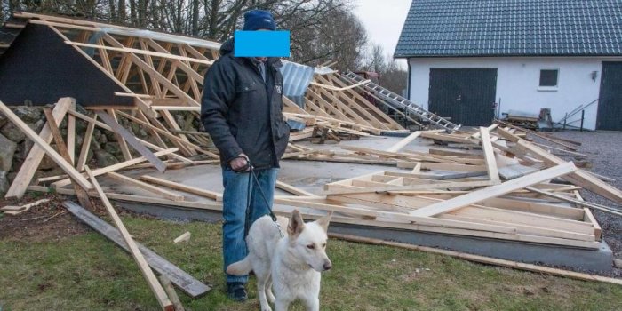 Kollapsat takstomme i trä till ett garage/verkstad, skador efter storm, person med hund står framför.