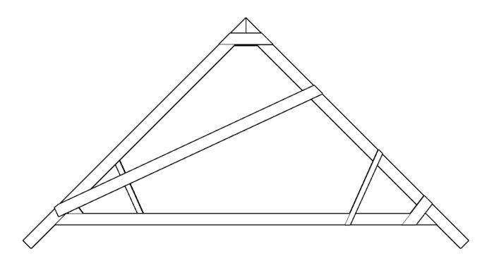 Linjeteckning av takstol som illustrerar de befintliga balkar och stödben.