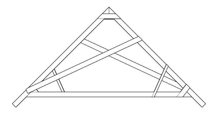 Linjeteckning av takstol med stödben och brädbitar som utgör över- och underram.
