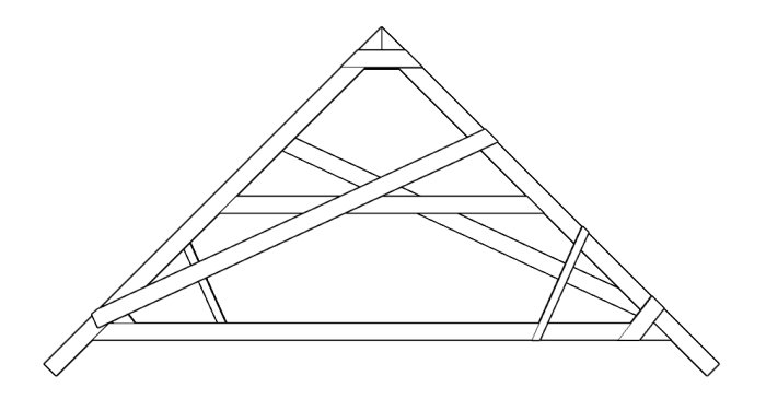 Linjeteckning av takstolar med stödben och horisontella brädor som visar konstruktionen före ombyggnad.