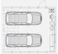 Ritning av garage med mått som visar två bilar parkerade invändigt med begränsat utrymme runtom.