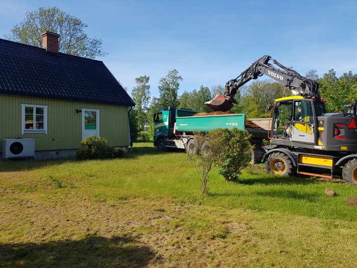 Grävmaskin utför markarbete vid grönt hus för husbygge och avloppsinstallation.